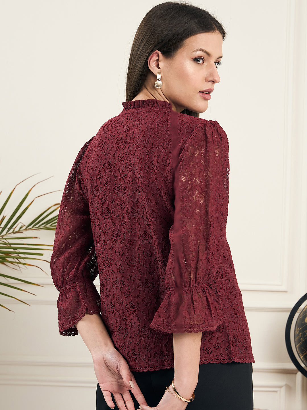 Noi Women Wine With Three-Quarter Sleeves Lace Top-Tops-StyleQuotient