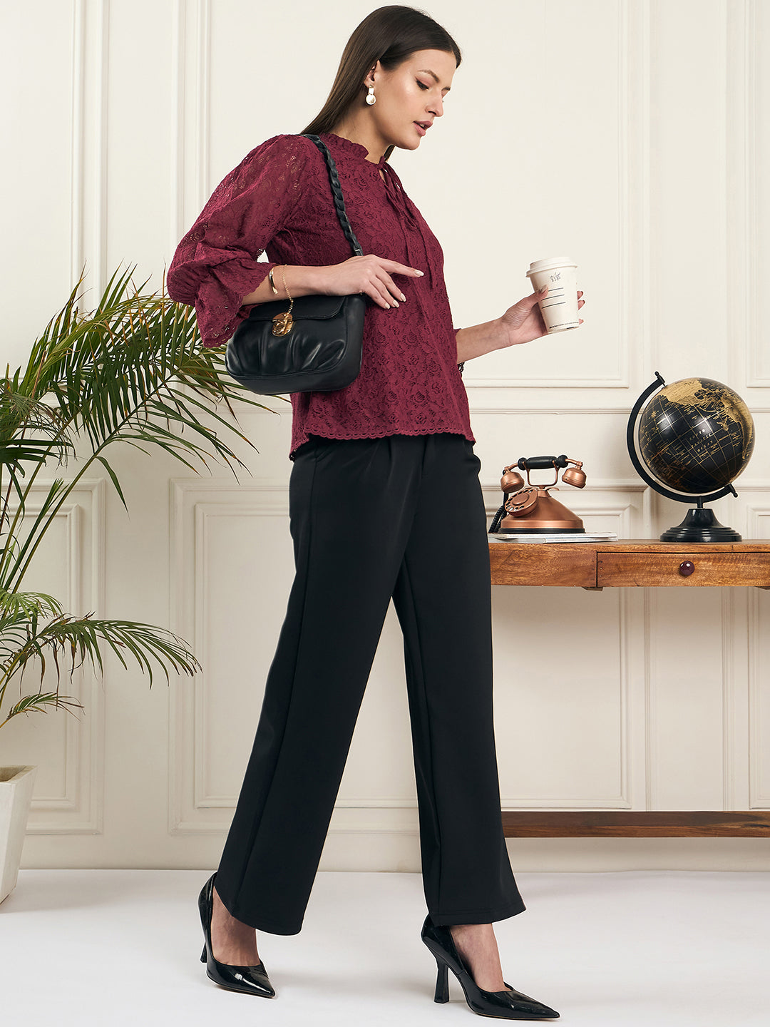 Noi Women Wine With Three-Quarter Sleeves Lace Top-Tops-StyleQuotient