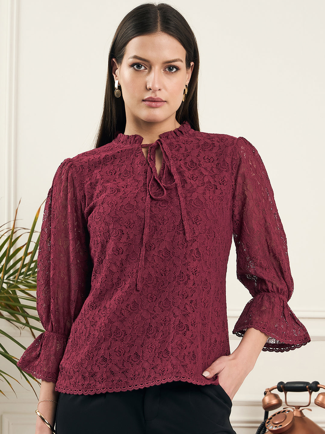 Noi Women Wine With Three-Quarter Sleeves Lace Top-Tops-StyleQuotient