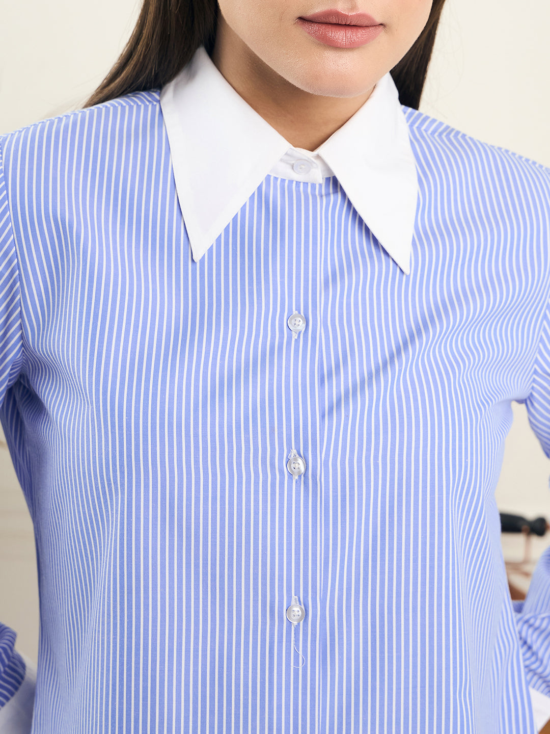 Noi Women Blue and White striped Full Sleeve Banker Shirt-Shirts-StyleQuotient