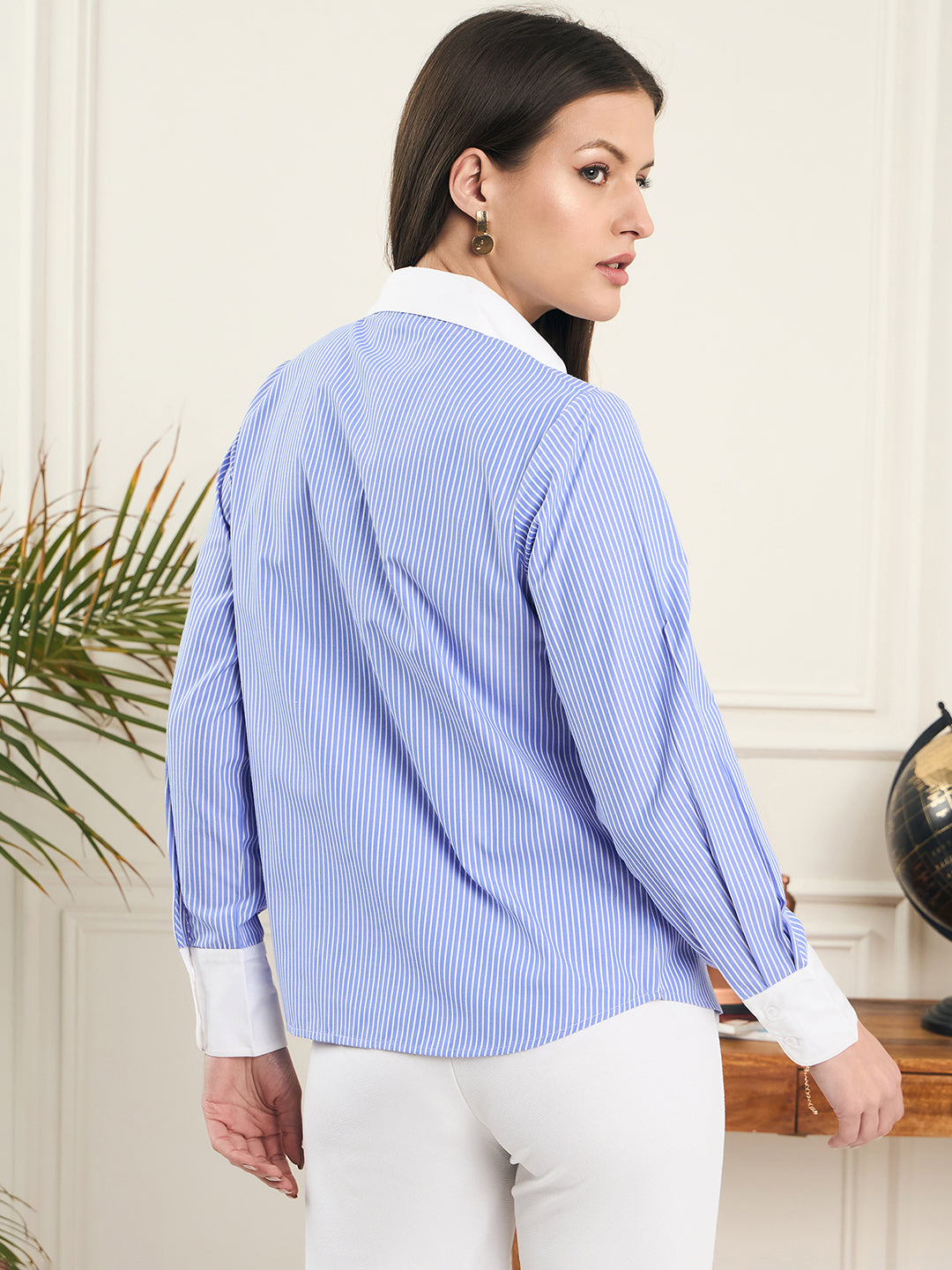 Noi Women Blue and White striped Full Sleeve Banker Shirt-Shirts-StyleQuotient