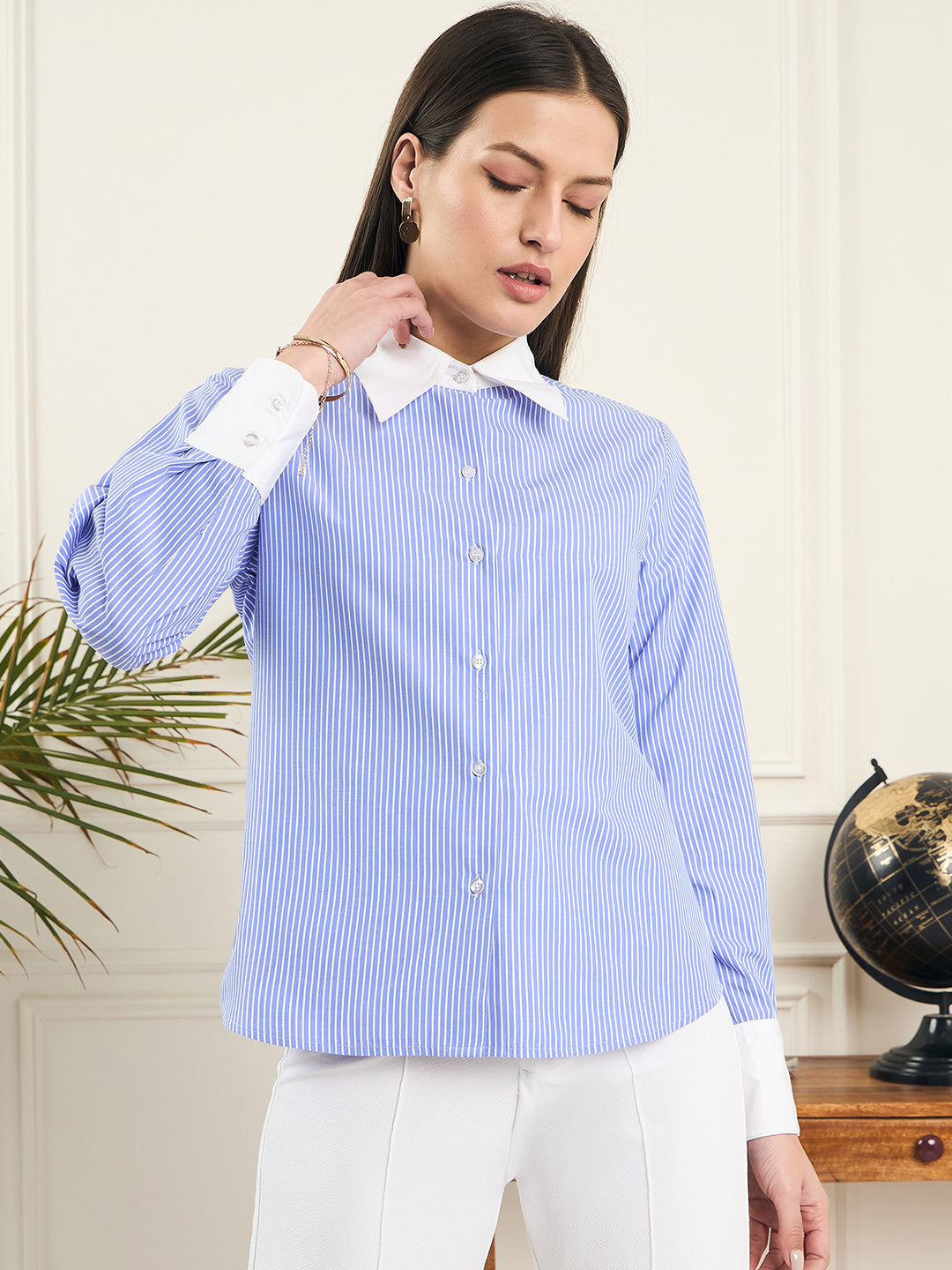 Noi Women Blue and White striped Full Sleeve Banker Shirt-Shirts-StyleQuotient