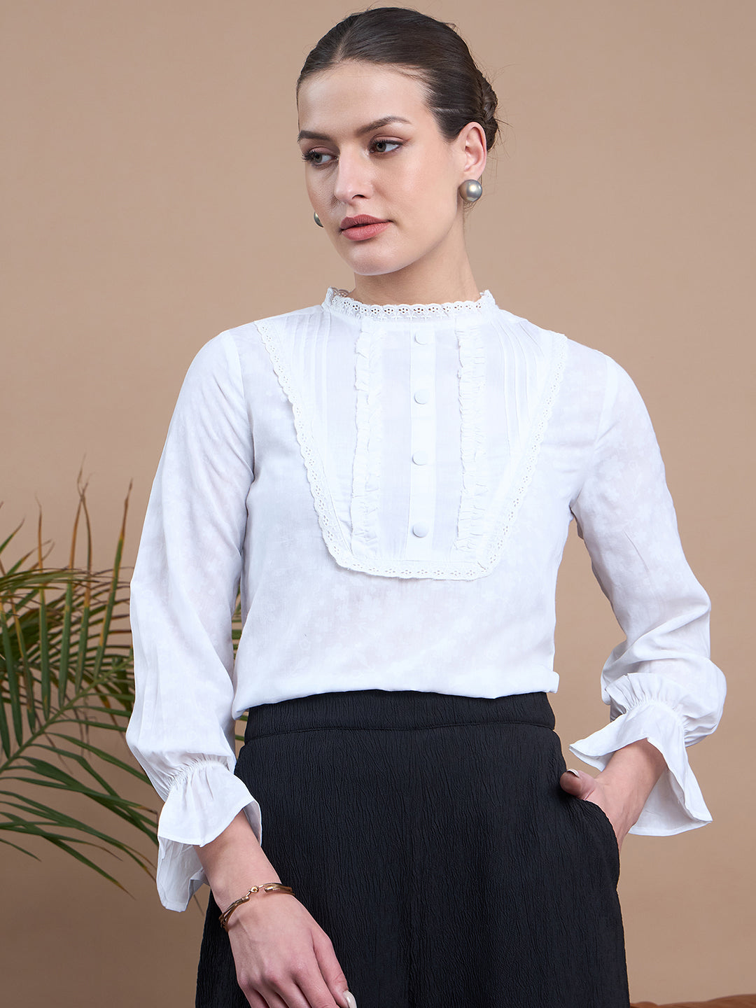 Noi Women White Solid With Full Sleeves Bib Top-Tops-StyleQuotient