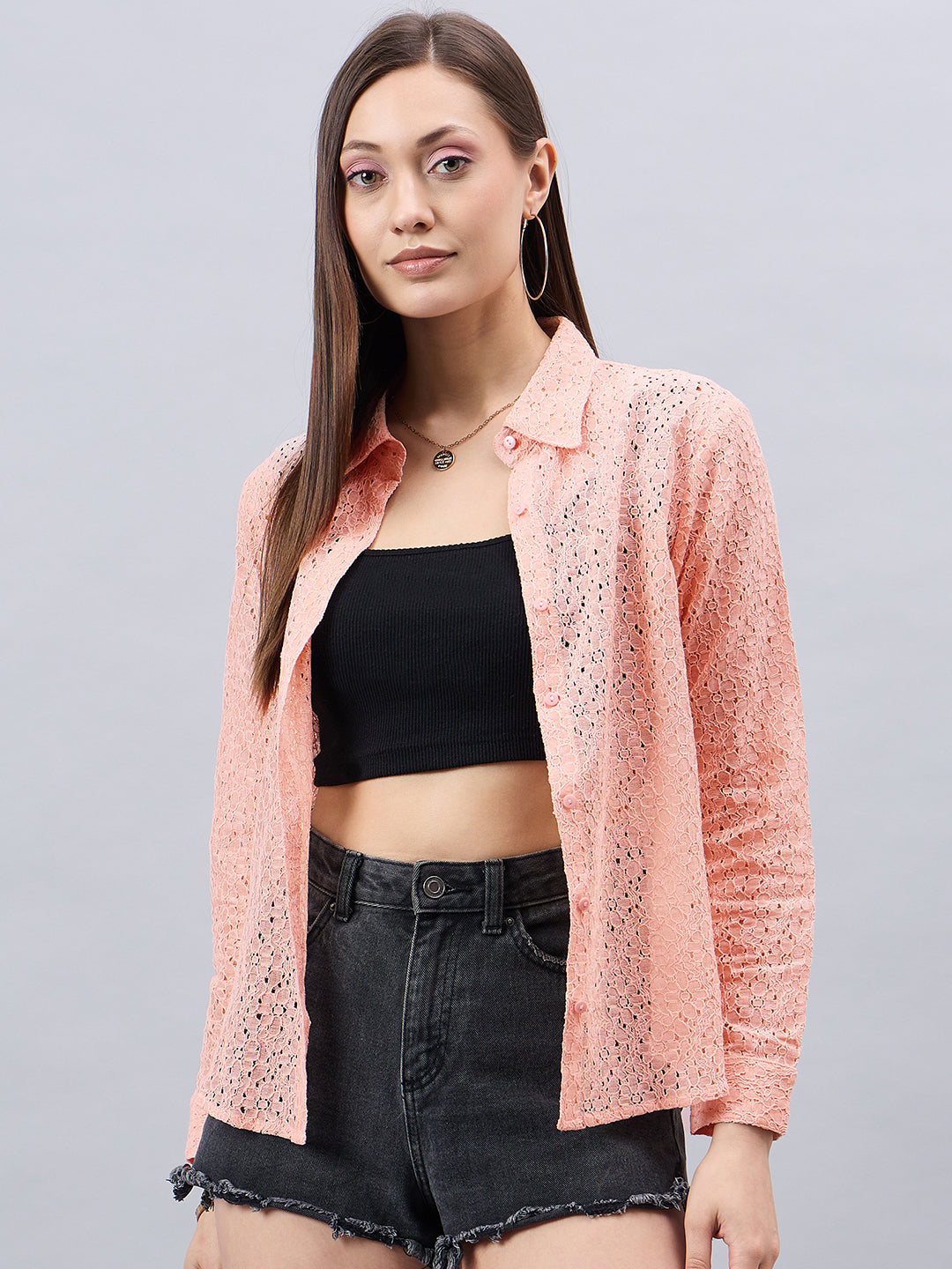 Style Quotient Women Self Design Nude Lace Regular Shirt-Shirts-StyleQuotient