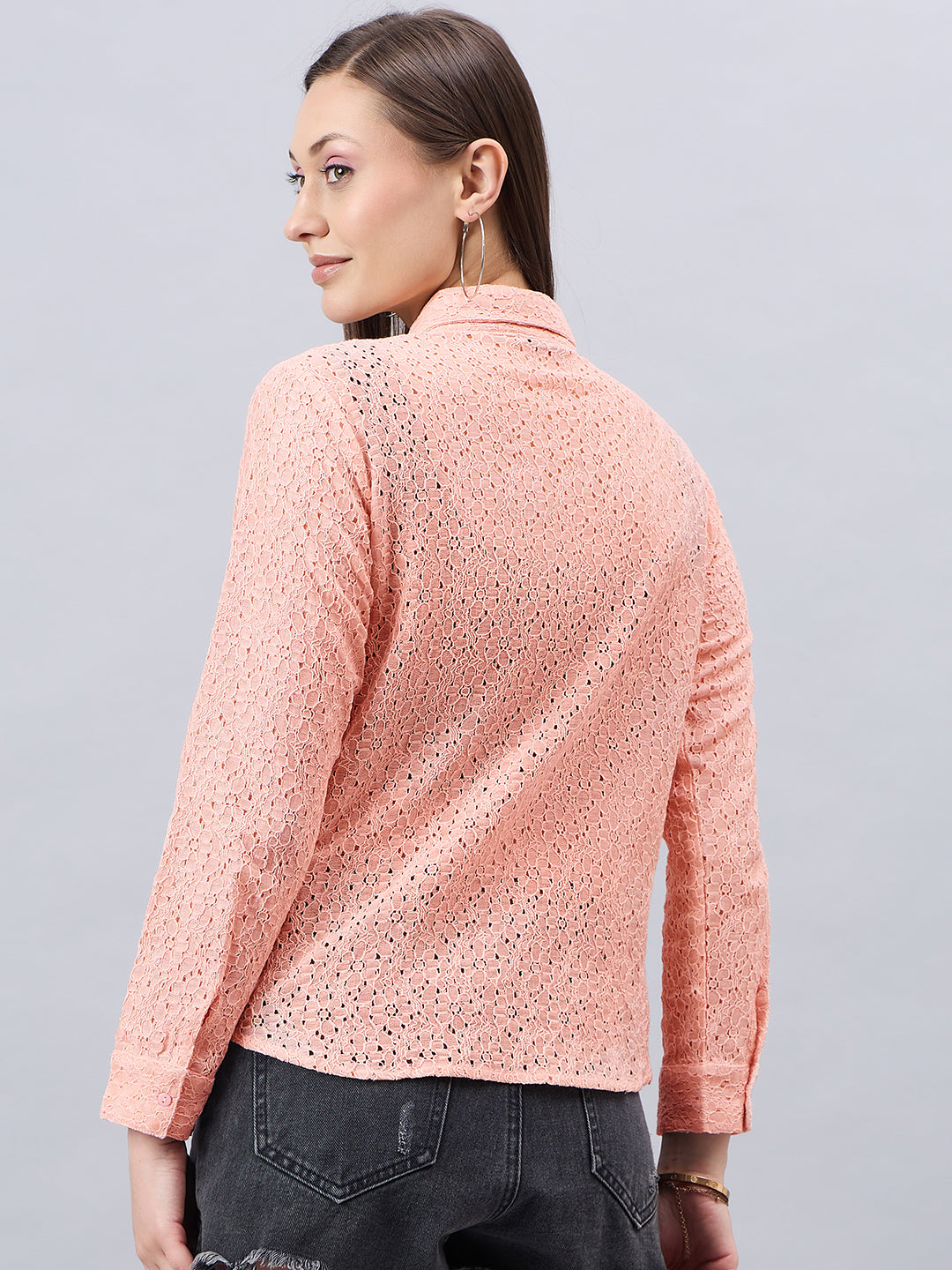 Style Quotient Women Self Design Nude Lace Regular Shirt-Shirts-StyleQuotient