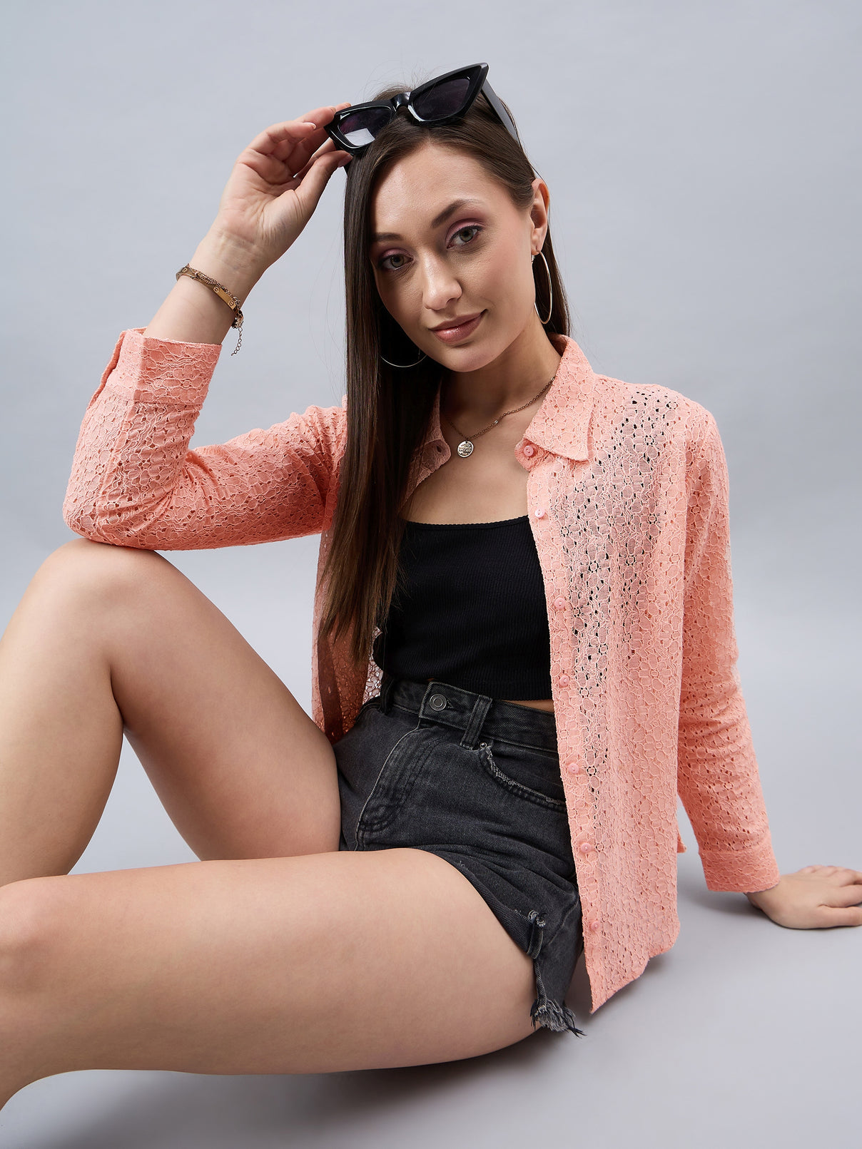 Style Quotient Women Self Design Nude Lace Regular Shirt-Shirts-StyleQuotient