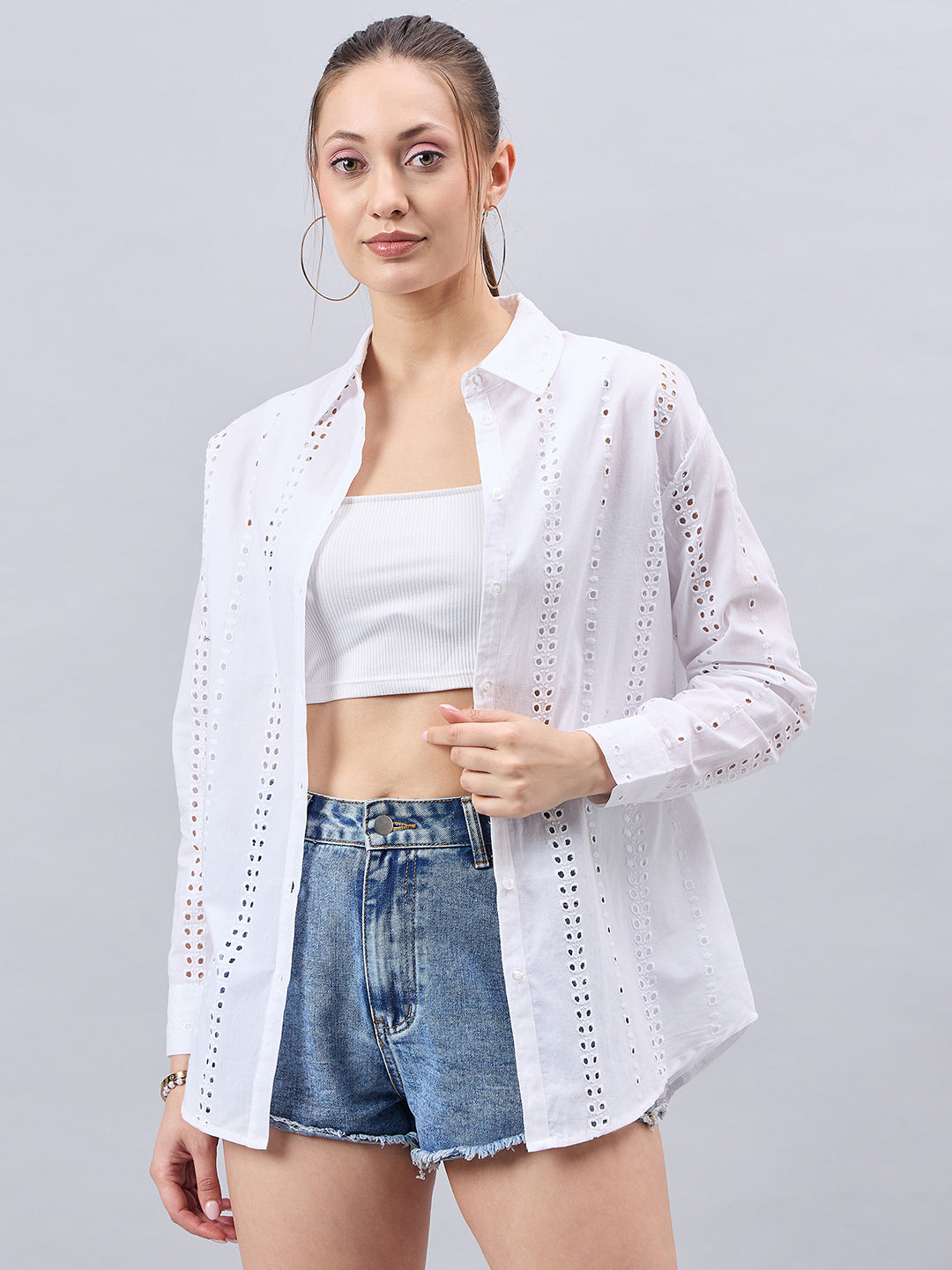 Style Quotient Women White Cotton Comfort Fit Hakoba Shirt-Shirts-StyleQuotient