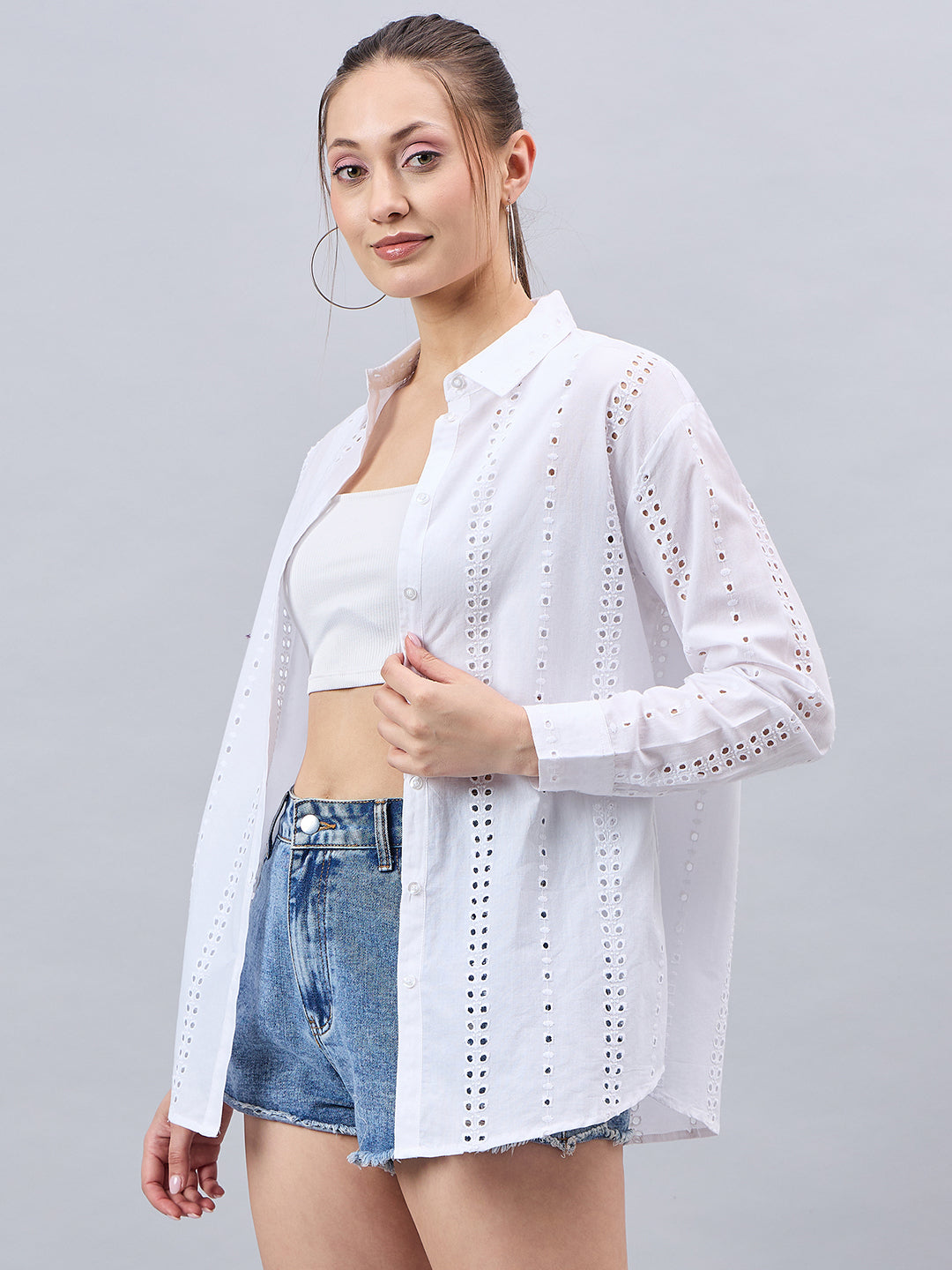 Style Quotient Women White Cotton Comfort Fit Hakoba Shirt-Shirts-StyleQuotient