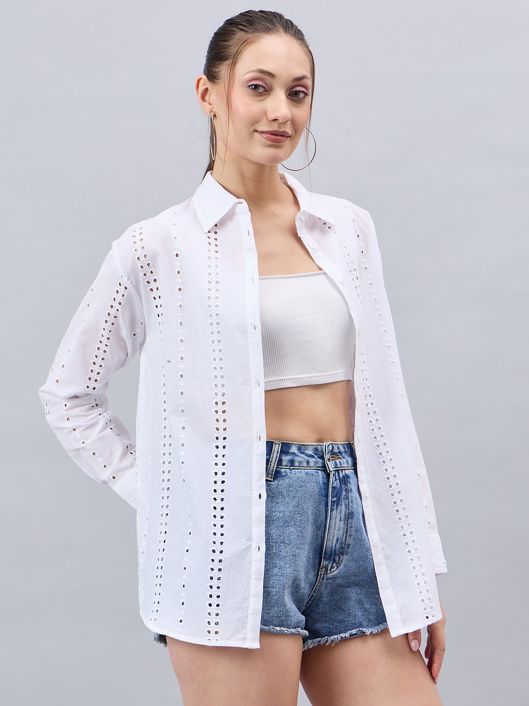 Style Quotient Women White Cotton Comfort Fit Hakoba Shirt-Shirts-StyleQuotient