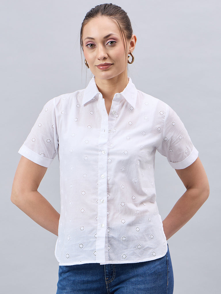 Style Quotient Women Smart White Hakoba Spread Collar Short Sleeve Shirt-Shirts-StyleQuotient