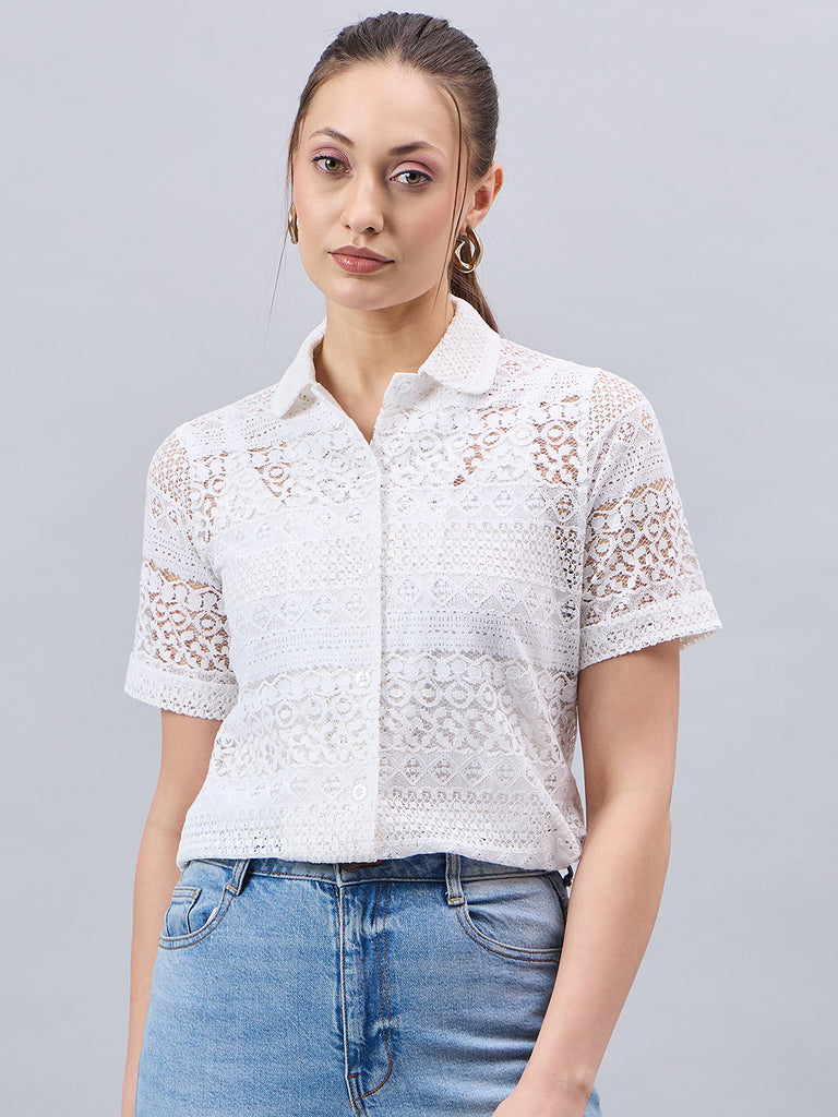 Style Quotients Women White Lace Smart Casual Shirt-Shirts-StyleQuotient