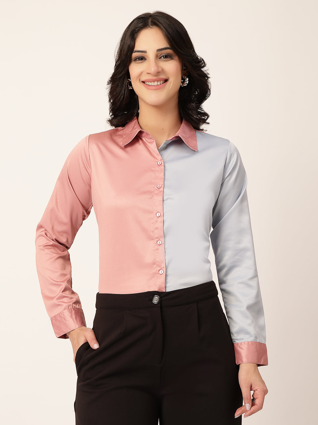 Style Quotient Women Color Block Rose And Light Grey Satin Regular Fit Formal Shirt-Shirts-StyleQuotient