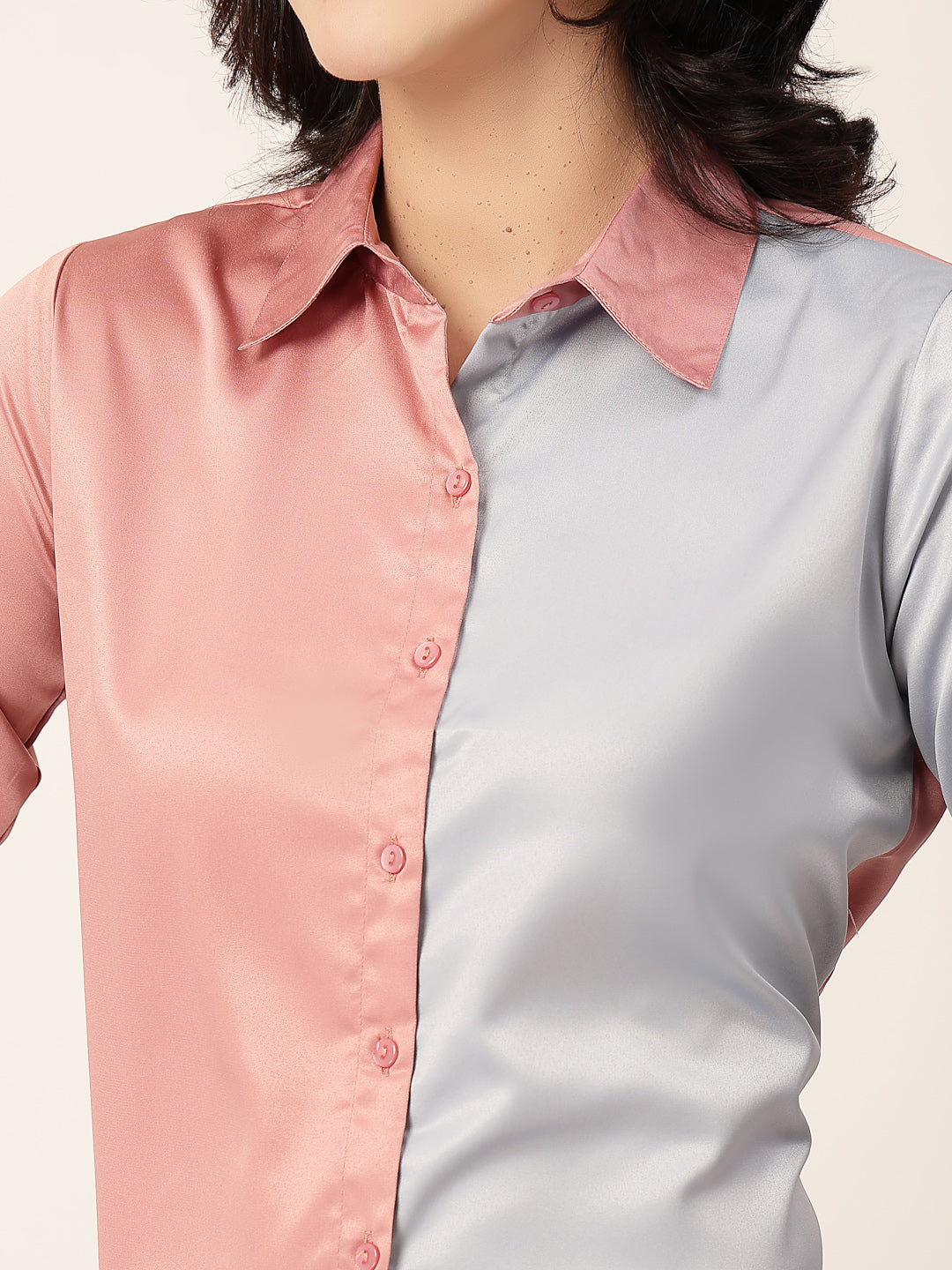 Style Quotient Women Color Block Rose And Light Grey Satin Regular Fit Formal Shirt-Shirts-StyleQuotient