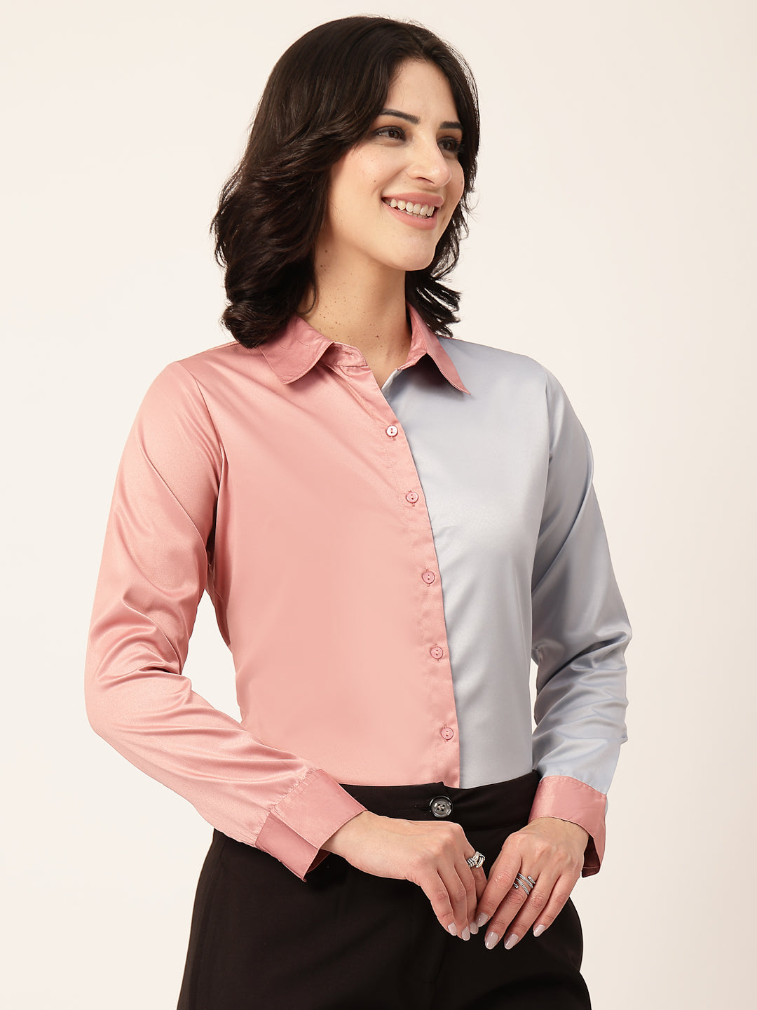 Style Quotient Women Color Block Rose And Light Grey Satin Regular Fit Formal Shirt-Shirts-StyleQuotient