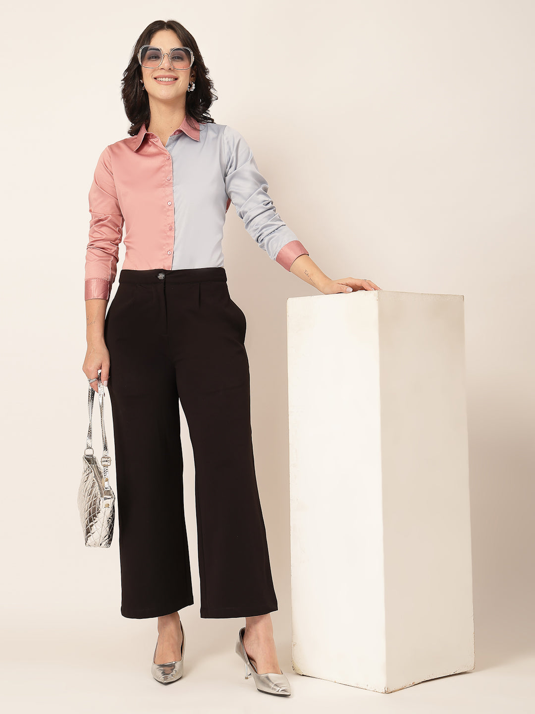 Style Quotient Women Color Block Rose And Light Grey Satin Regular Fit Formal Shirt-Shirts-StyleQuotient
