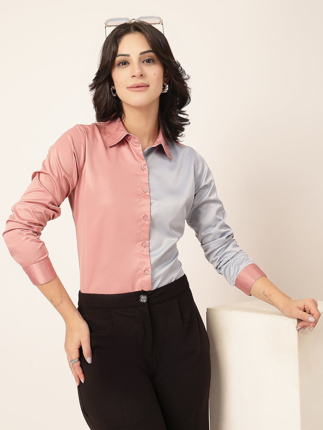 Style Quotient Women Color Block Rose And Light Grey Satin Regular Fit Formal Shirt-Shirts-StyleQuotient