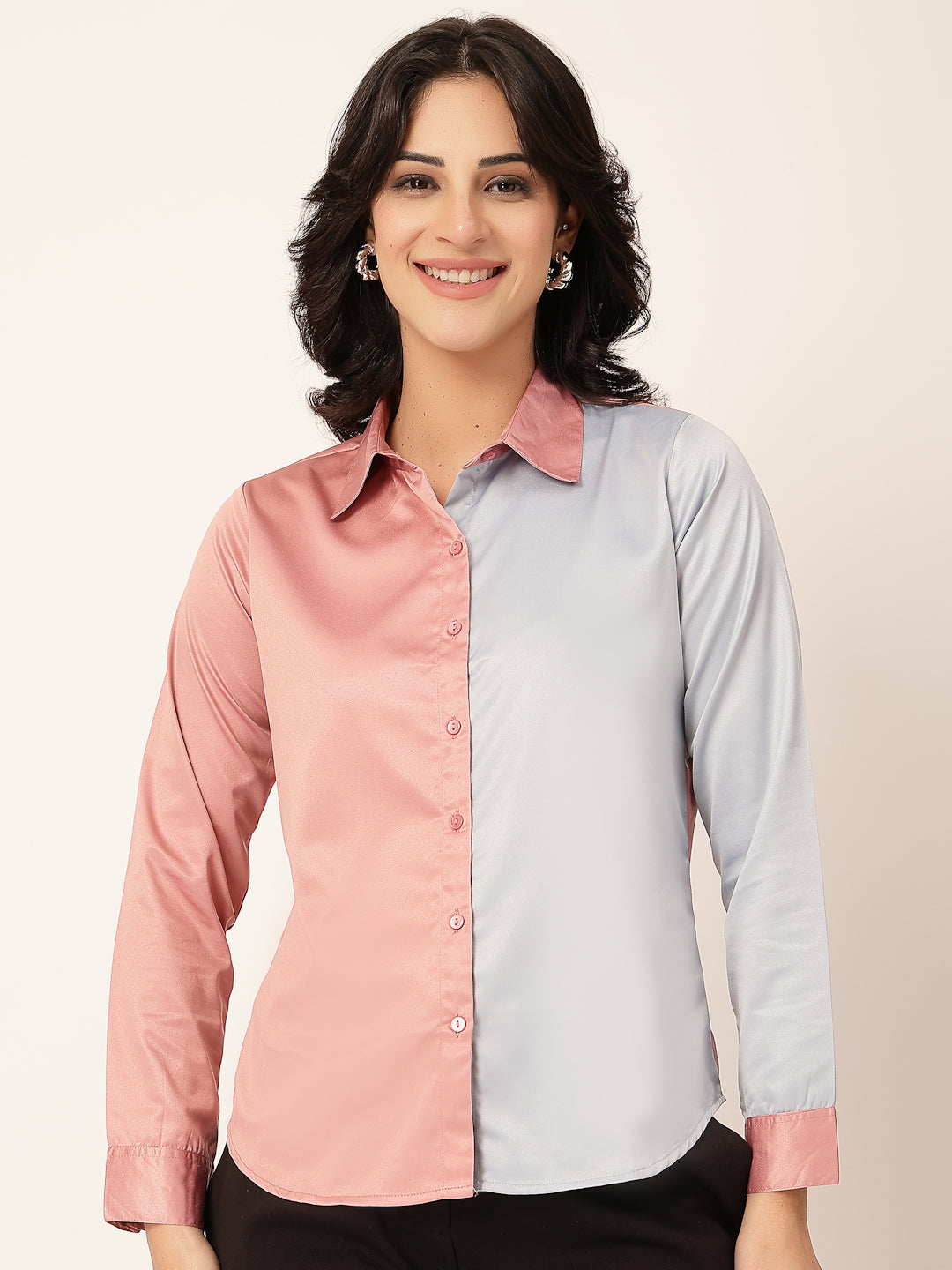 Style Quotient Women Color Block Rose And Light Grey Satin Regular Fit Formal Shirt-Shirts-StyleQuotient