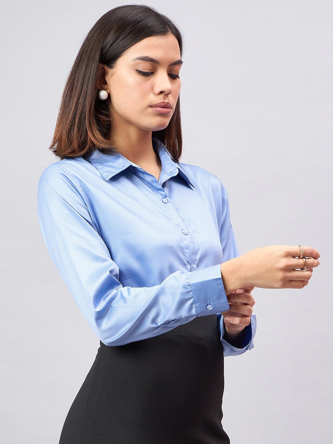 Style Quotient Women Blue Satin Regular Formal Shirt-Shirts-StyleQuotient