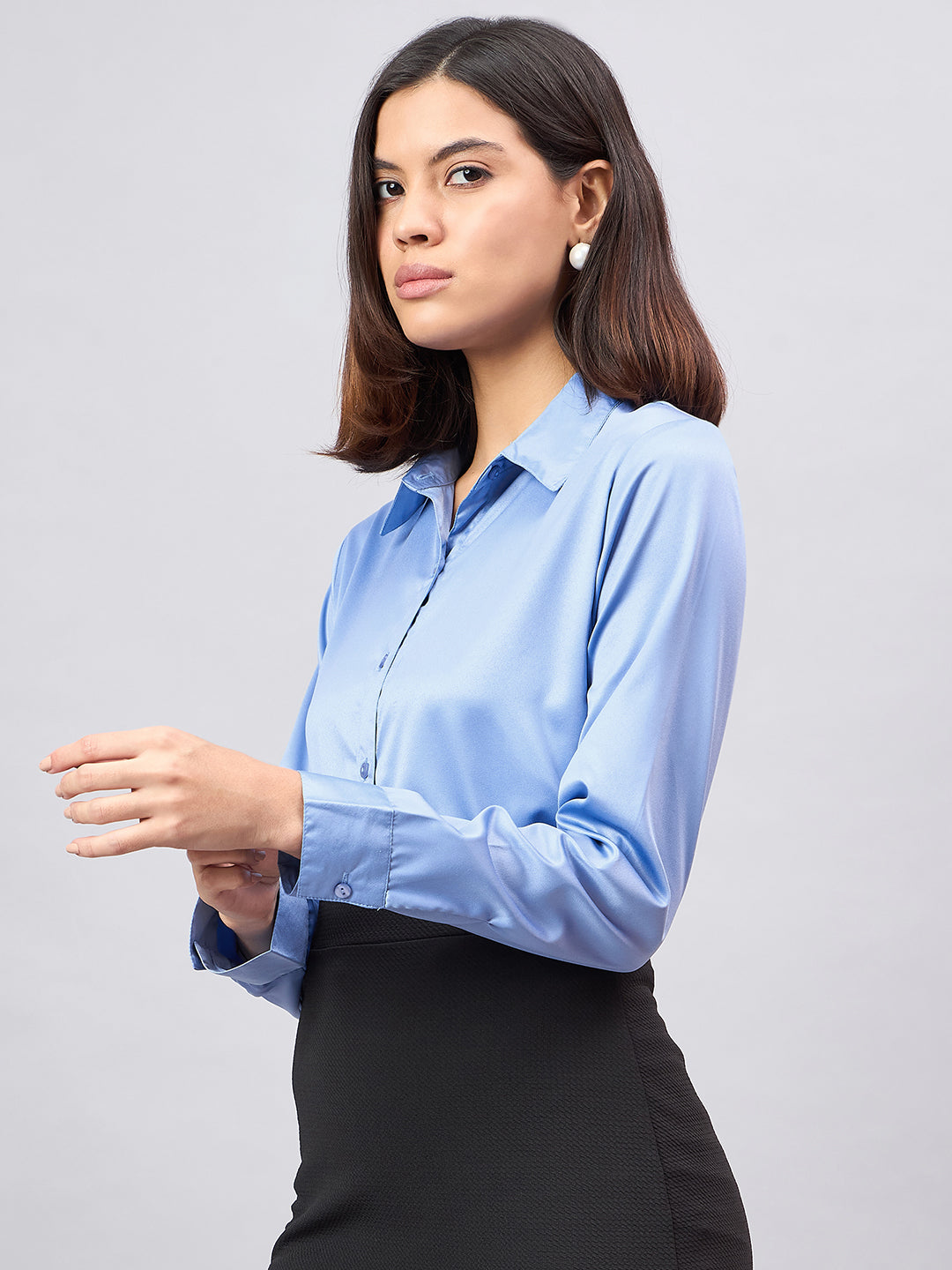 Style Quotient Women Blue Satin Regular Formal Shirt-Shirts-StyleQuotient