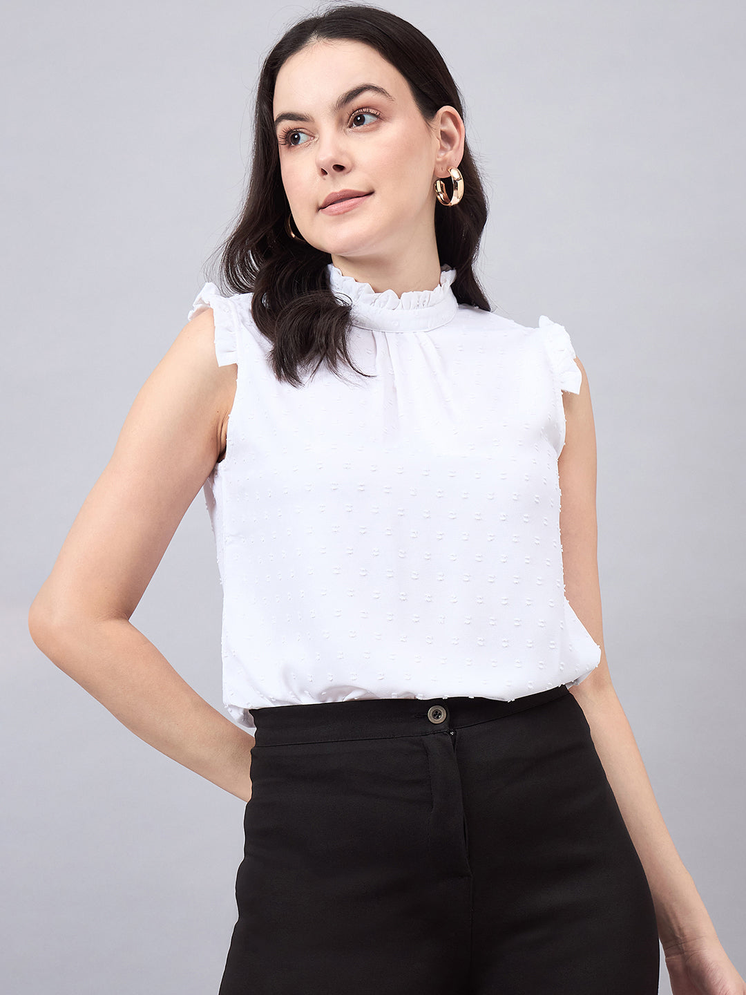 Style Quotient Women Self Design White Swiss Dot Regular Fit Formal Top-Tops-StyleQuotient