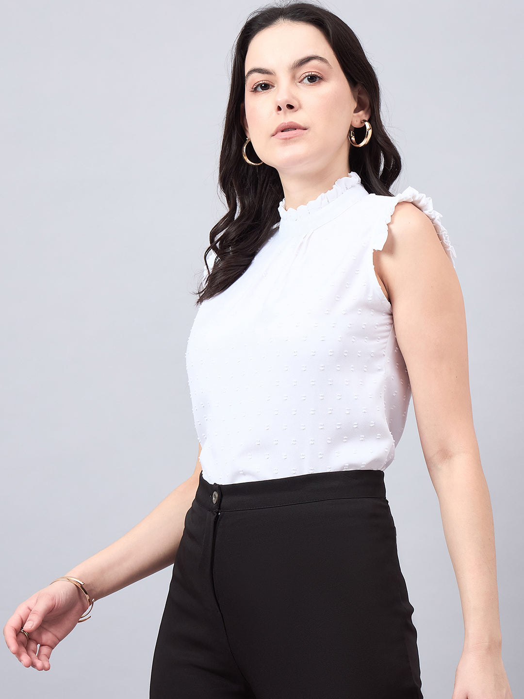 Style Quotient Women Self Design White Swiss Dot Regular Fit Formal Top-Tops-StyleQuotient