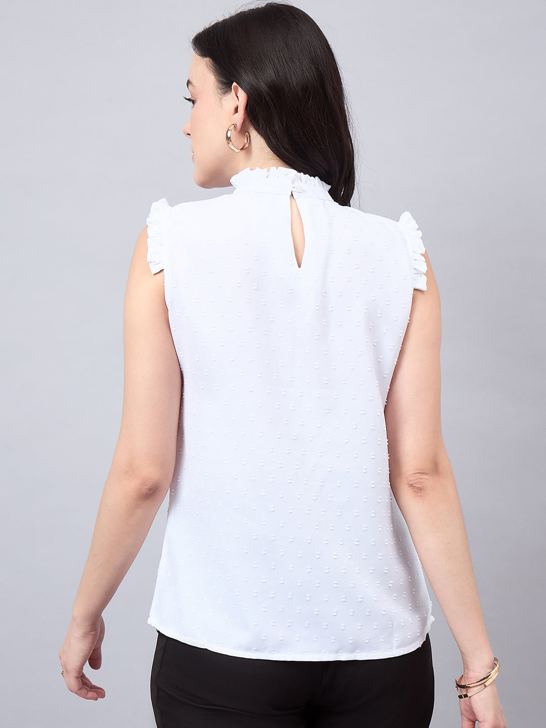 Style Quotient Women Self Design White Swiss Dot Regular Fit Formal Top-Tops-StyleQuotient