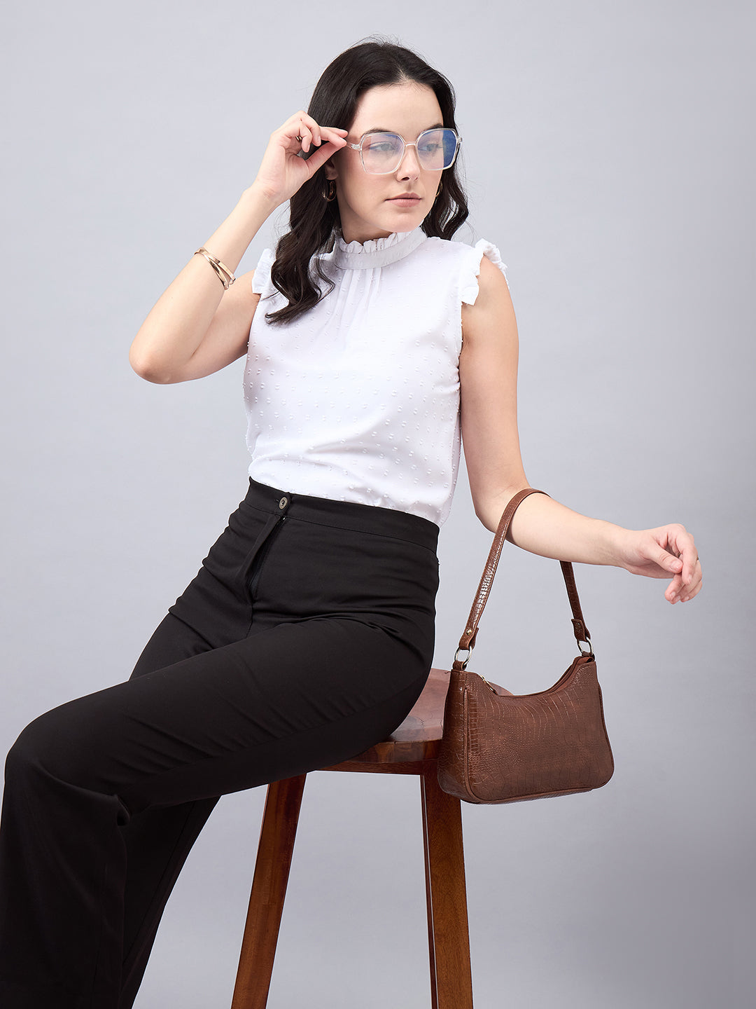 Style Quotient Women Self Design White Swiss Dot Regular Fit Formal Top-Tops-StyleQuotient