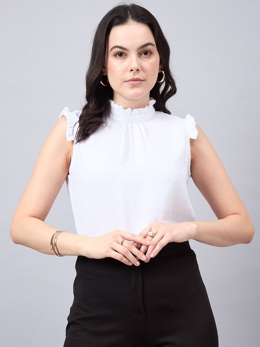 Style Quotient Women Self Design White Swiss Dot Regular Fit Formal Top-Tops-StyleQuotient