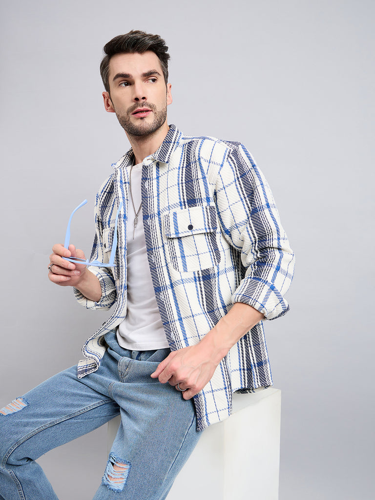 Style Quotient Men White and Blue cotton Checks Oversize Shirt-Mens Shirt-StyleQuotient