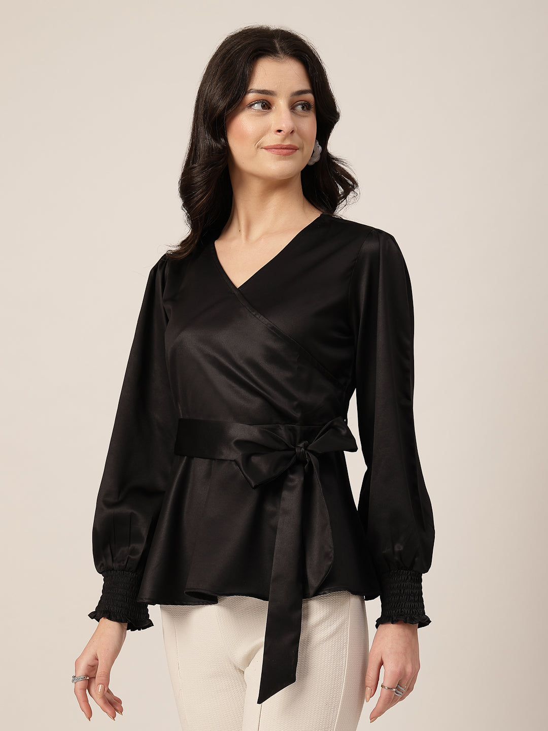 Style Quotient Women Solid Black Satin Regular Fit Smart Casual Top-Tops-StyleQuotient