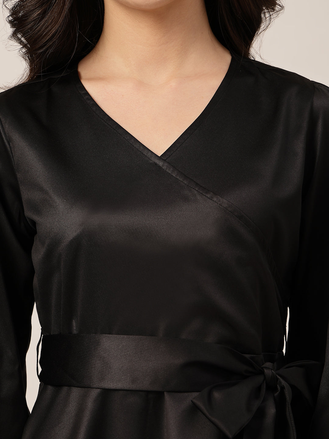 Style Quotient Women Solid Black Satin Regular Fit Smart Casual Top-Tops-StyleQuotient