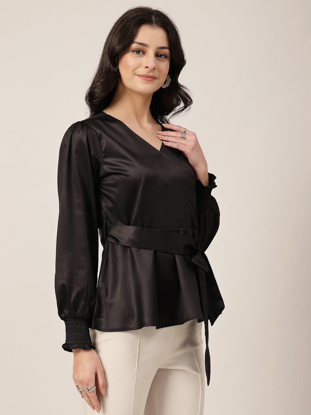 Style Quotient Women Solid Black Satin Regular Fit Smart Casual Top-Tops-StyleQuotient