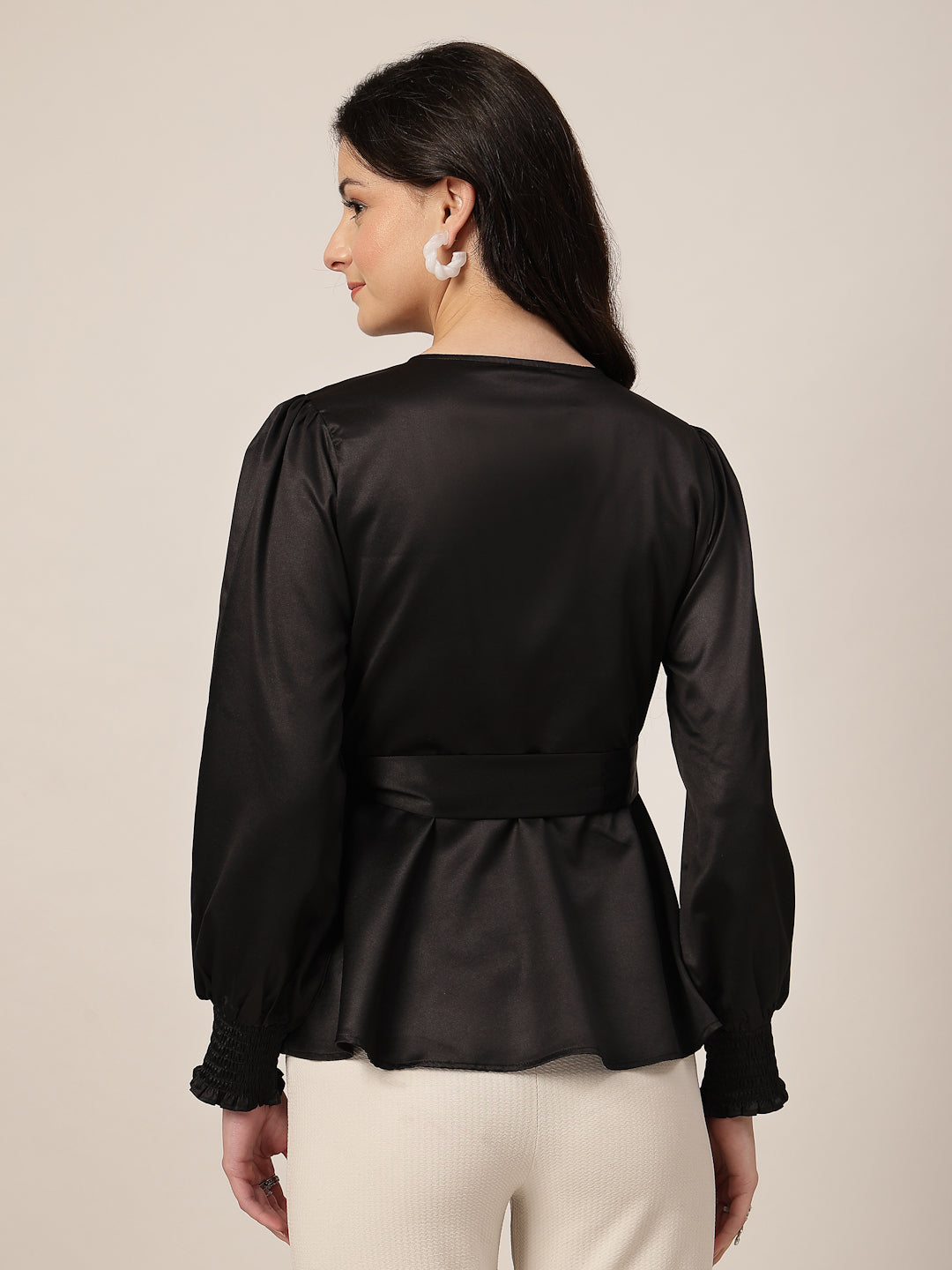 Style Quotient Women Solid Black Satin Regular Fit Smart Casual Top-Tops-StyleQuotient