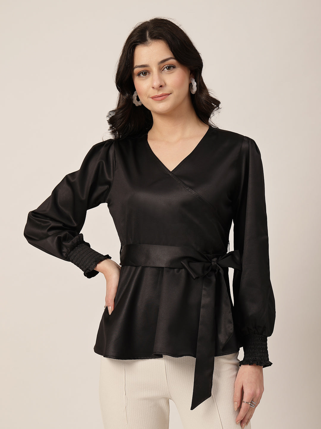 Style Quotient Women Solid Black Satin Regular Fit Smart Casual Top-Tops-StyleQuotient