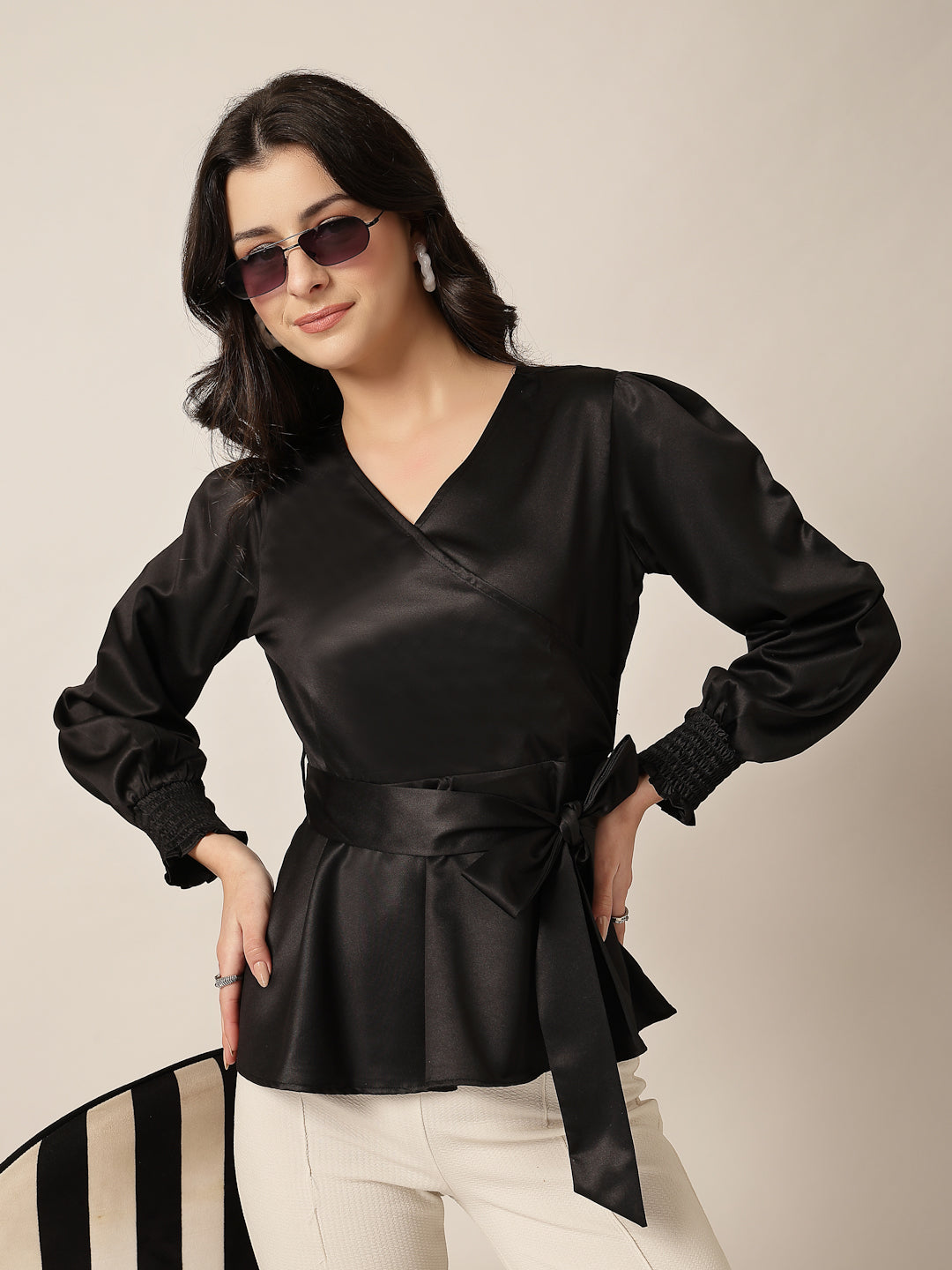 Style Quotient Women Solid Black Satin Regular Fit Smart Casual Top-Tops-StyleQuotient