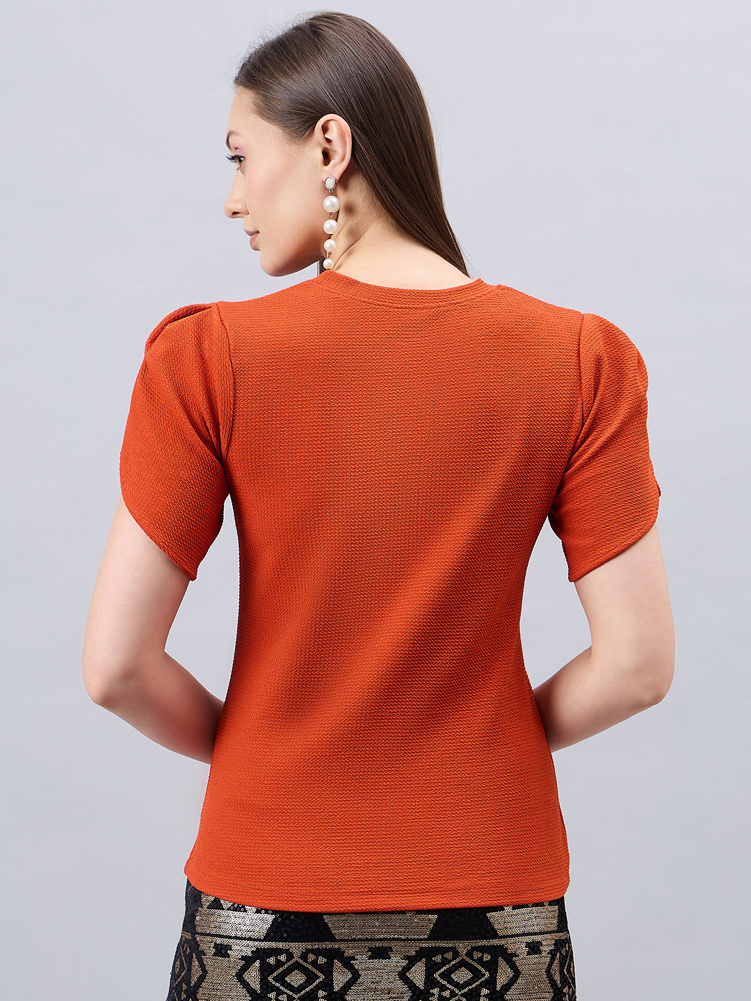 Style Quotient Women Solid Texture Rust Poly Knit Smart Casual Regular Tulip Sleeve Top-Tops-StyleQuotient