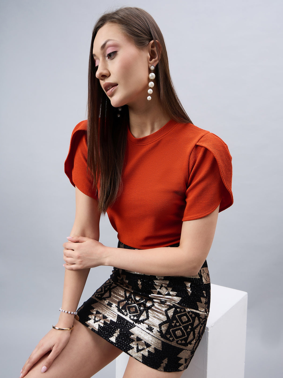 Style Quotient Women Solid Texture Rust Poly Knit Smart Casual Regular Tulip Sleeve Top-Tops-StyleQuotient