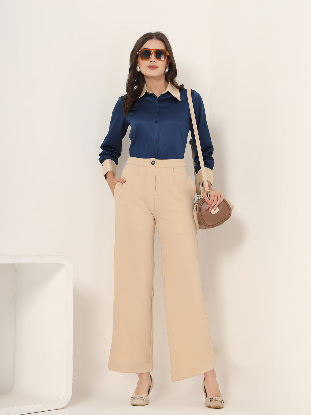 Style Quotient Women Navy And Champagne ColorBlock Satin Regular Fit Semi Formal Shirt-Shirts-StyleQuotient