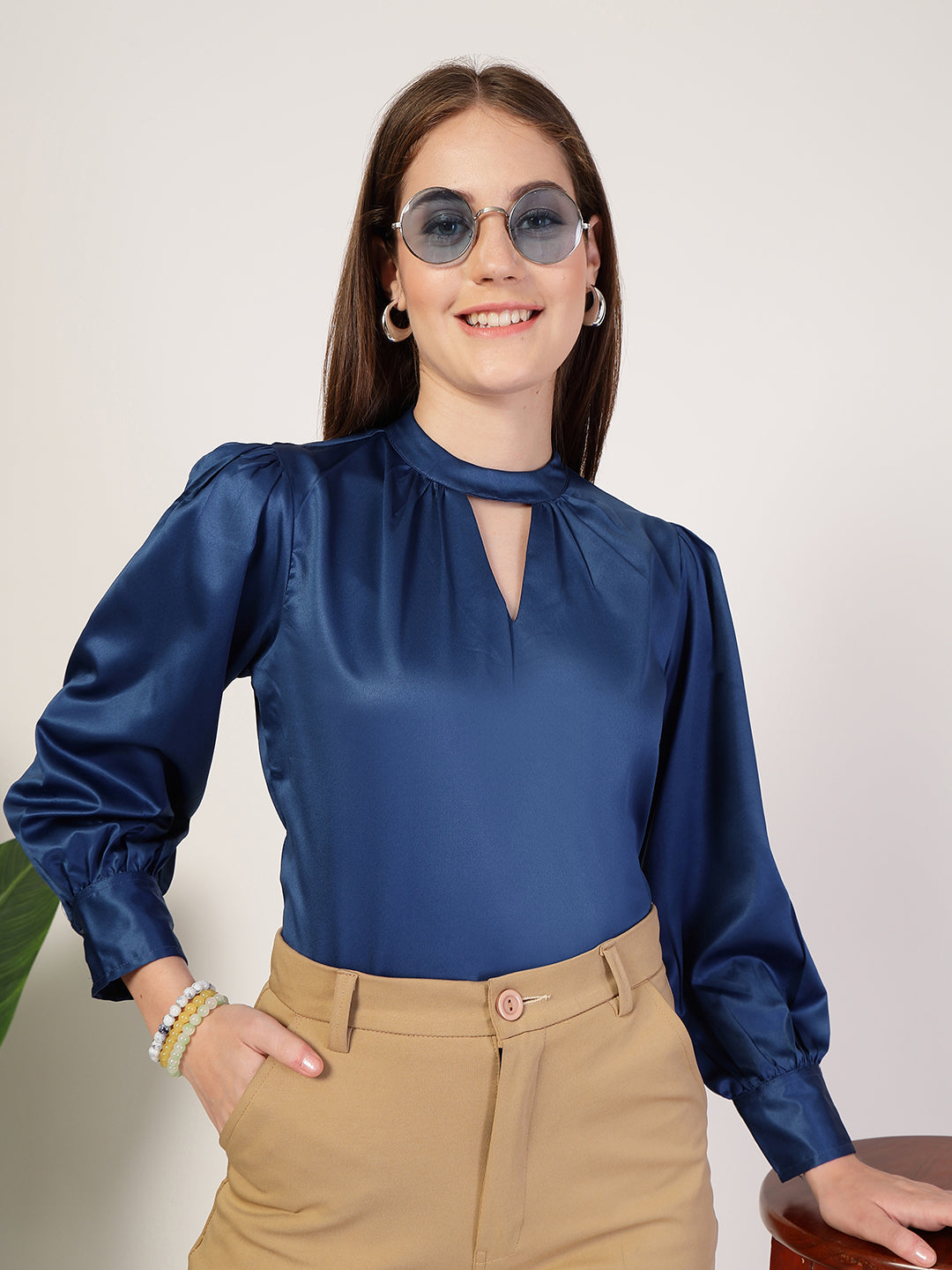 Style Quotient Women Solid Petrol Satin Regular Fit Semi Formal Top-Tops-StyleQuotient