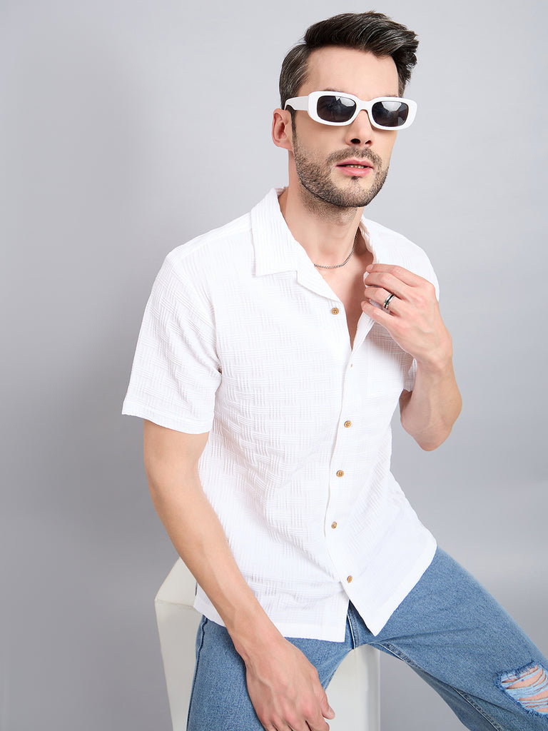 Style Quotient Men White Textured Oversize Shirt-Mens Shirt-StyleQuotient