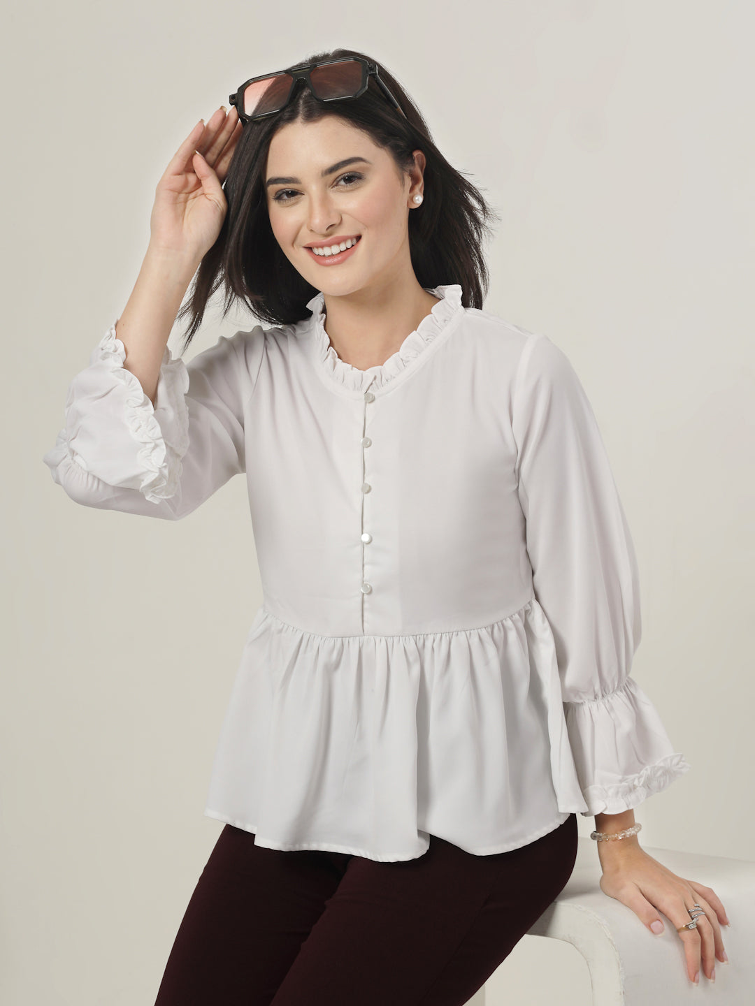 Style Quotient Women Solid White Polymoss Regular Fit Smart Casual Top-Tops-StyleQuotient
