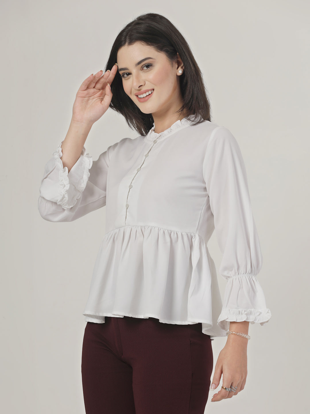 Style Quotient Women Solid White Polymoss Regular Fit Smart Casual Top-Tops-StyleQuotient