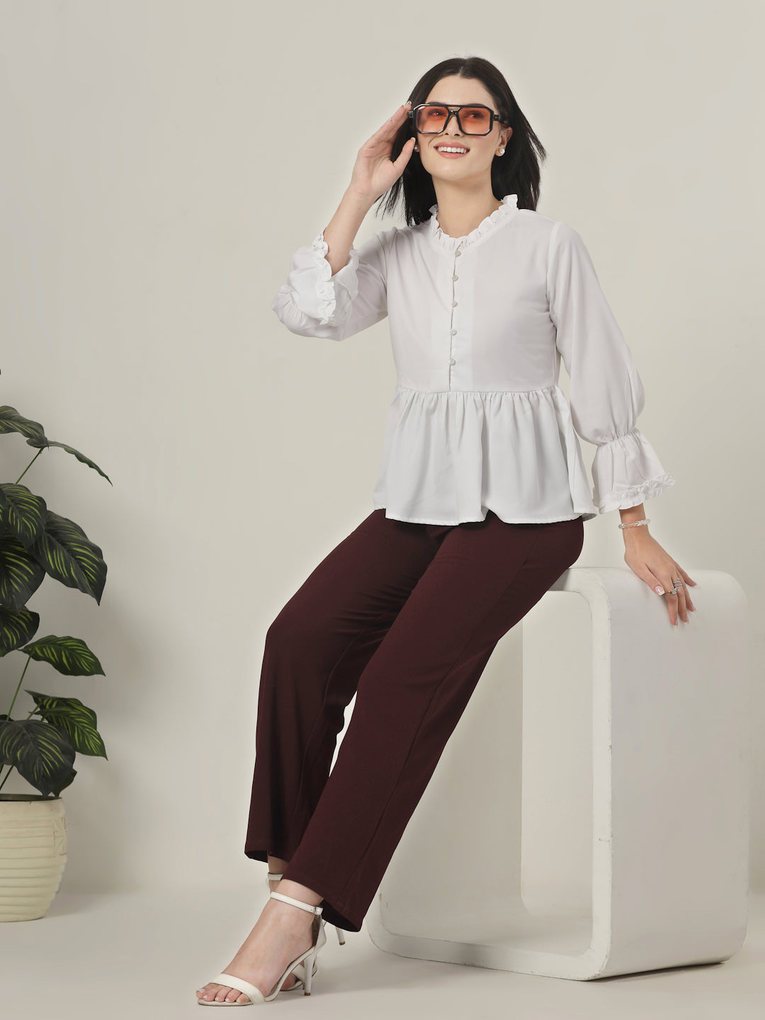Style Quotient Women Solid White Polymoss Regular Fit Smart Casual Top-Tops-StyleQuotient