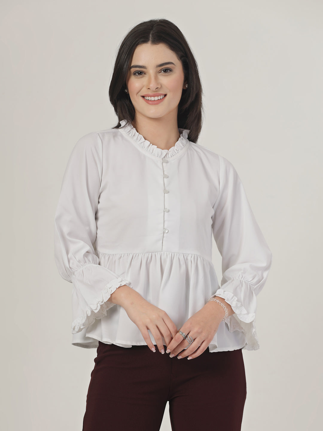 Style Quotient Women Solid White Polymoss Regular Fit Smart Casual Top-Tops-StyleQuotient