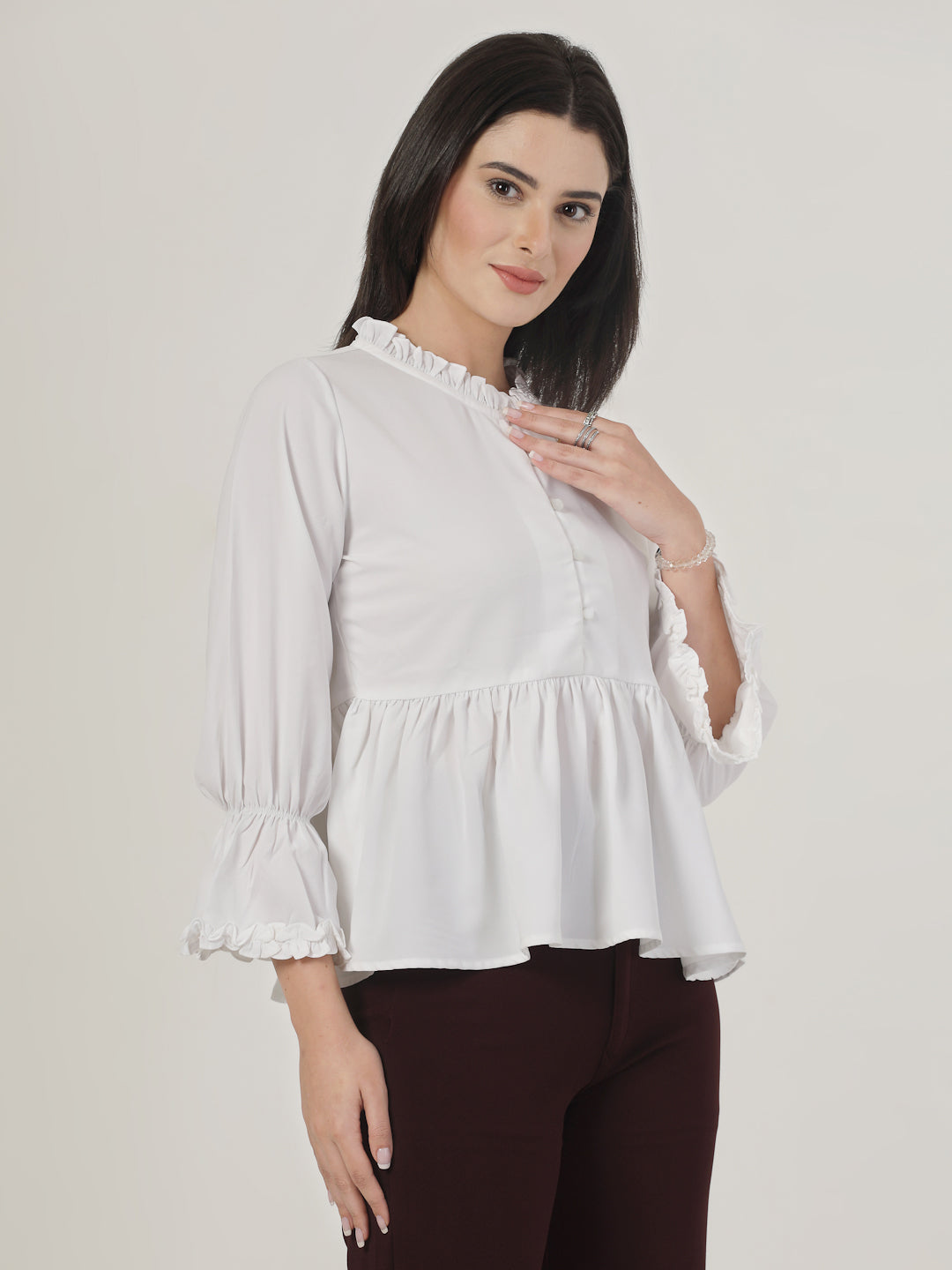 Style Quotient Women Solid White Polymoss Regular Fit Smart Casual Top-Tops-StyleQuotient