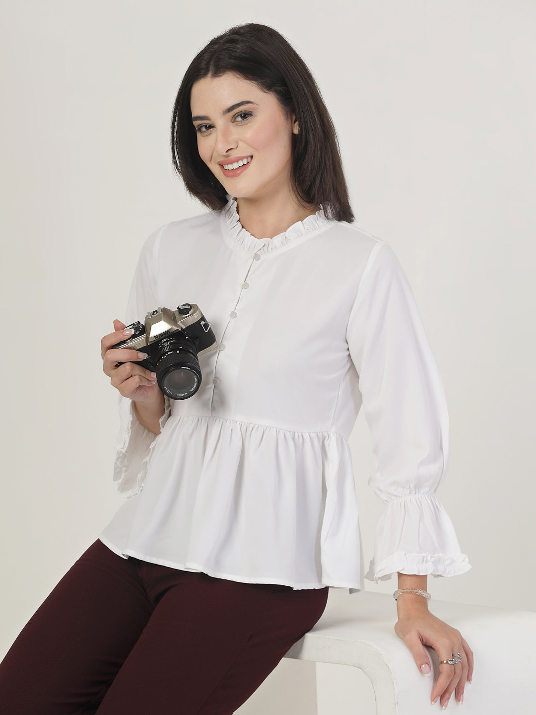 Style Quotient Women Solid White Polymoss Regular Fit Smart Casual Top-Tops-StyleQuotient