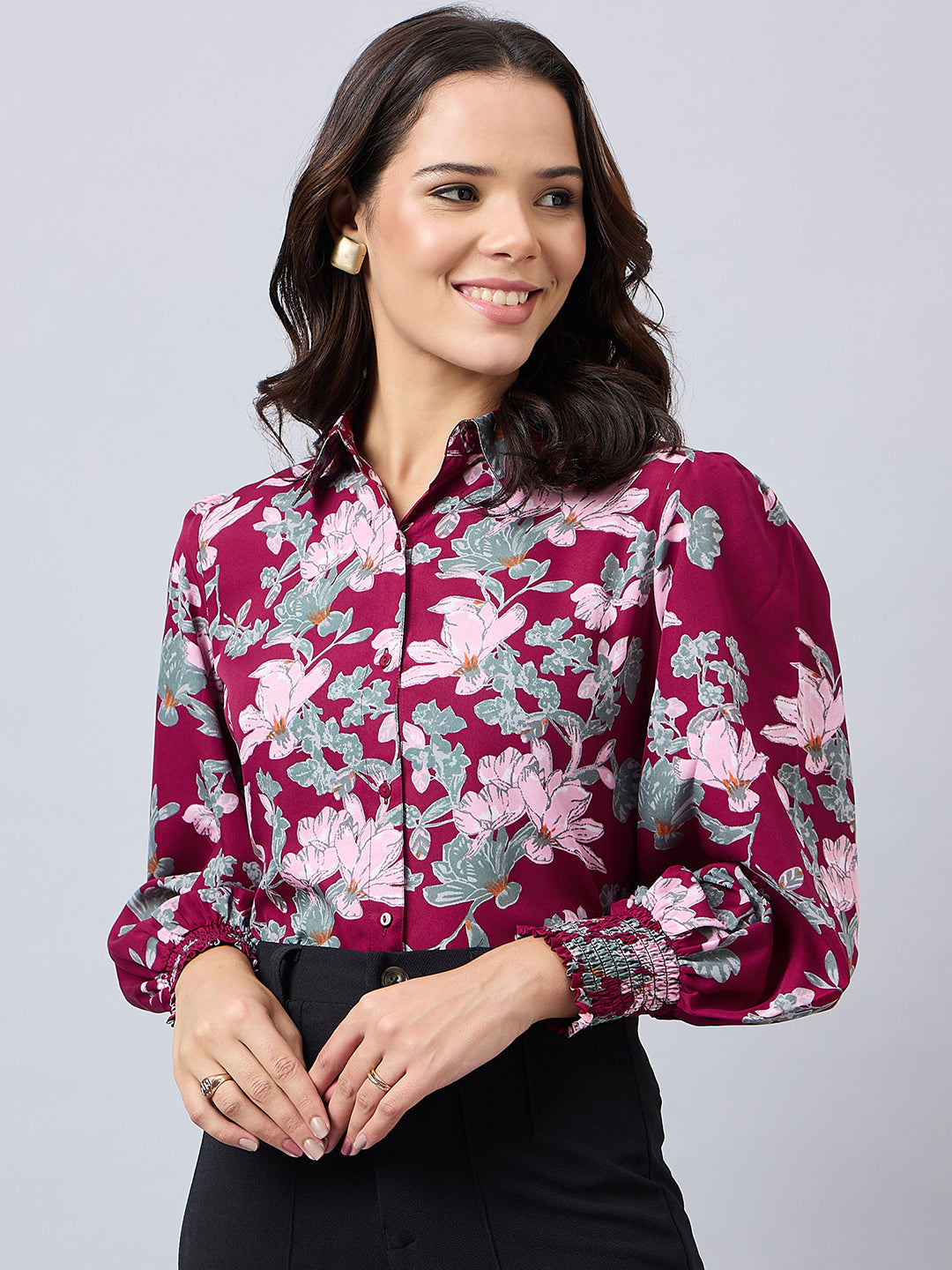 Style Quotient Women Maroon And Multi Floral Printed Polyester Regular Fit Smart Casual Shirt-Shirts-StyleQuotient