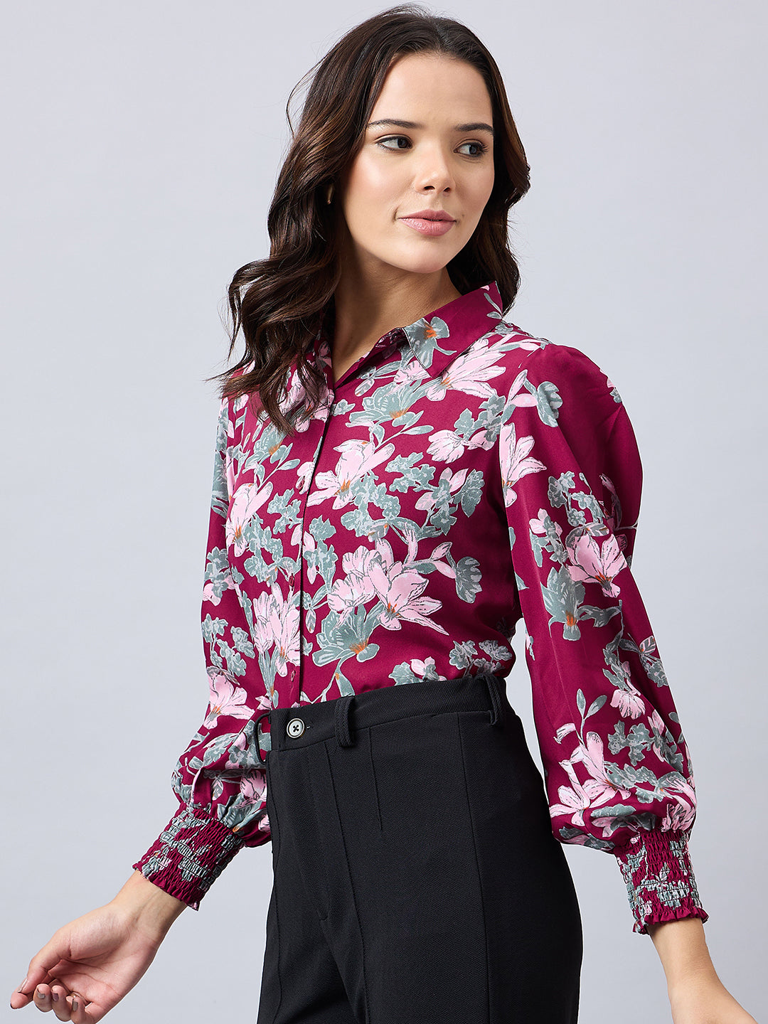 Style Quotient Women Maroon And Multi Floral Printed Polyester Regular Fit Smart Casual Shirt-Shirts-StyleQuotient