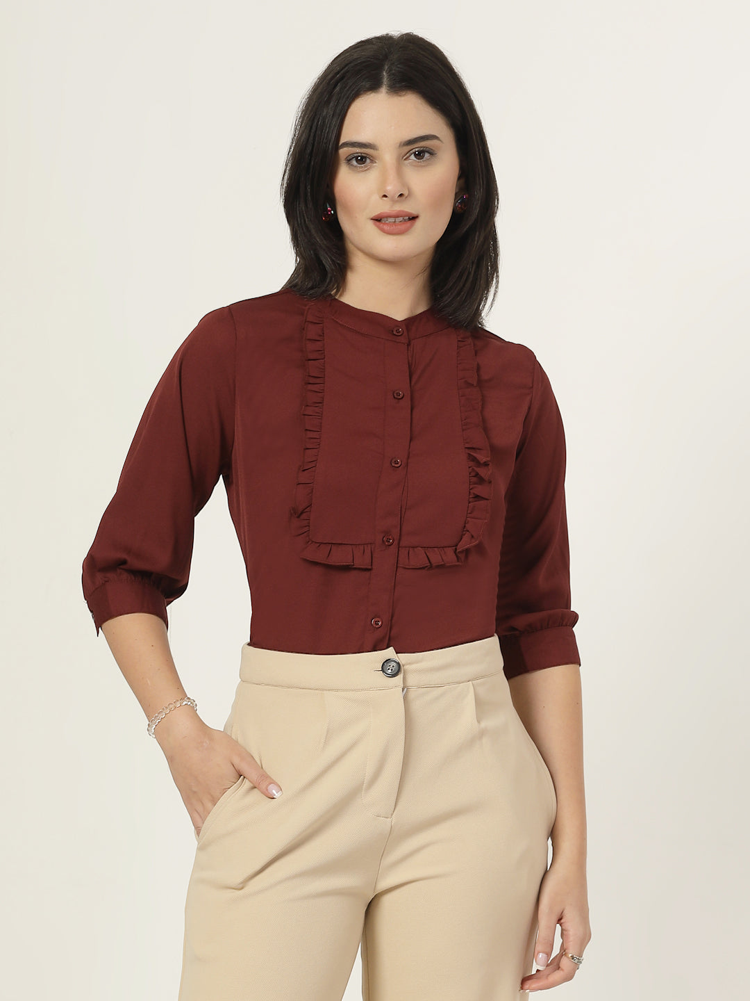Style Quotient Women Solid White Polymoss Regular Fit Smart Casual Lace Insert Top-Tops-StyleQuotient