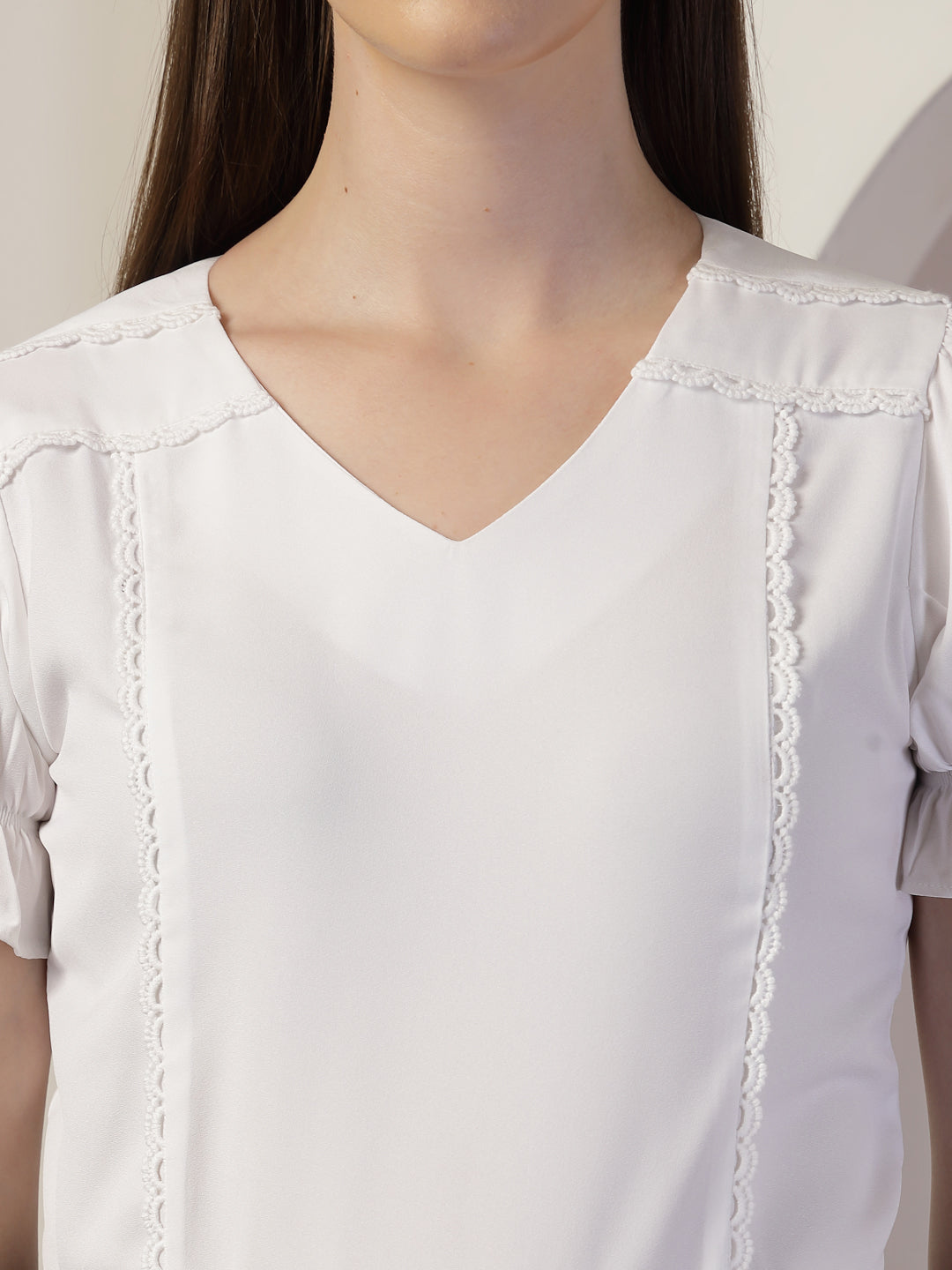 Style Quotient Women Solid White Polymoss Regular Fit Smart Casual Lace Insert Top-Tops-StyleQuotient